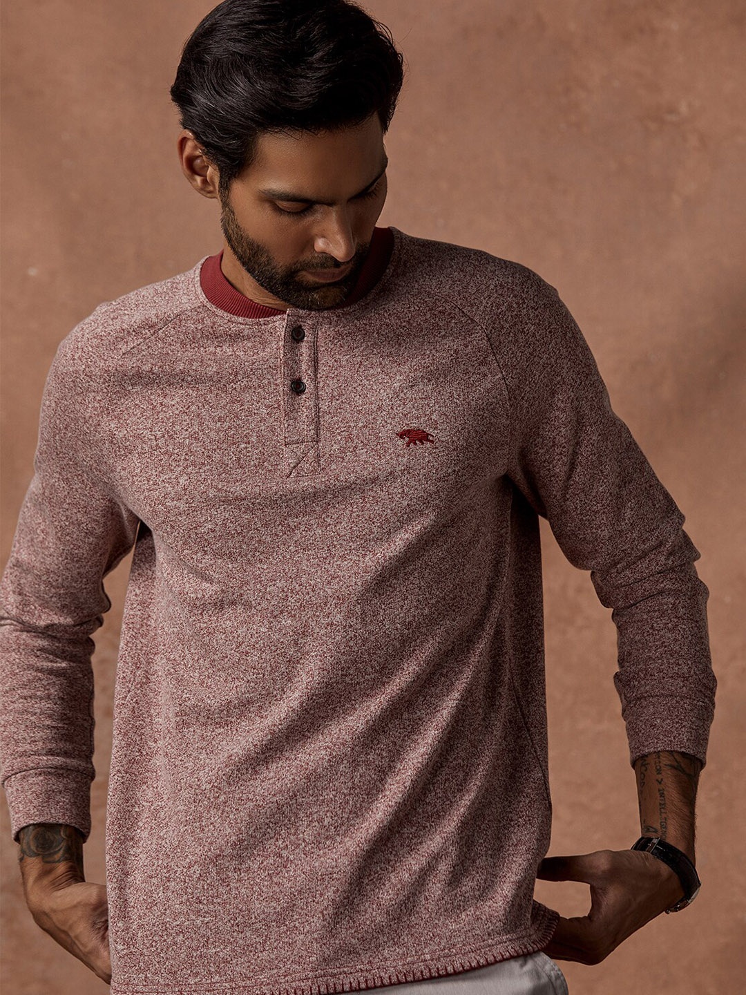 

Andamen Henley Neck T-shirt, Burgundy