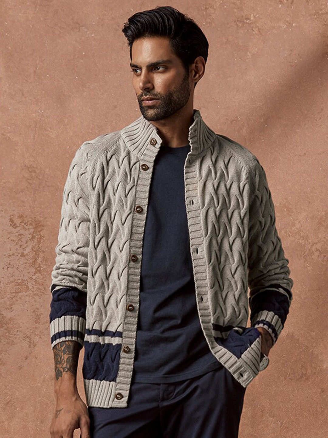 

Andamen Cable Knit Mock Collar Long Sleeves Cotton Cardigan Sweaters, Grey