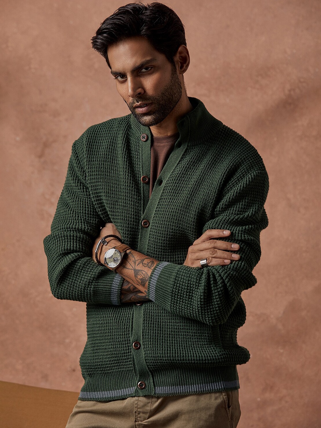

Andamen Cable Knit Self Design Mock Collar Cardigan Sweater, Green