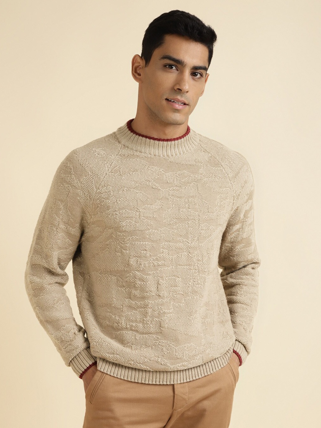 

Andamen Self Design Cable Knit Cotton Pullover Sweater, Khaki