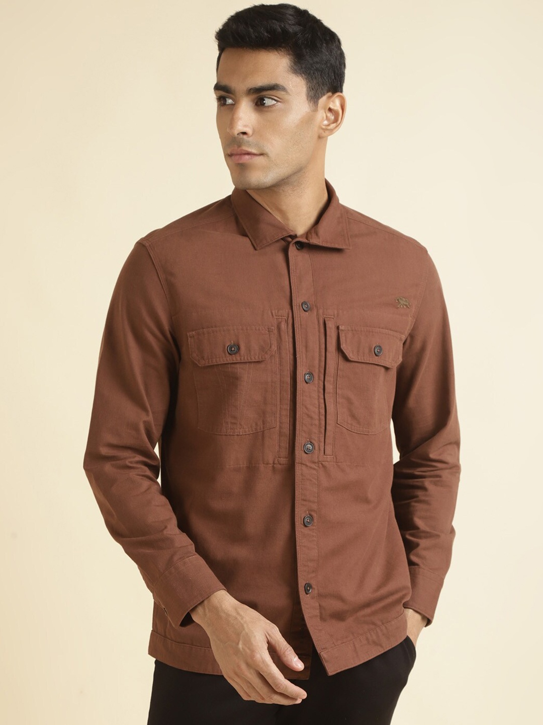 

Andamen Premium Regular Fit Spread Collar Long Sleeve Pocket Cotton Casual Shacket, Brown