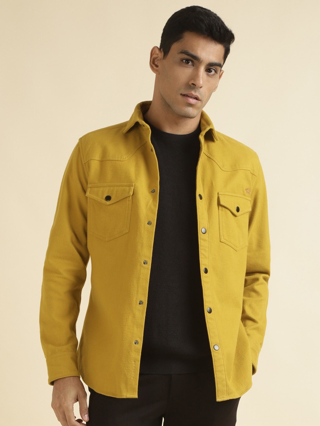 

Andamen Premium Spread Collar Long Sleeves Cotton Casual Shacket, Mustard