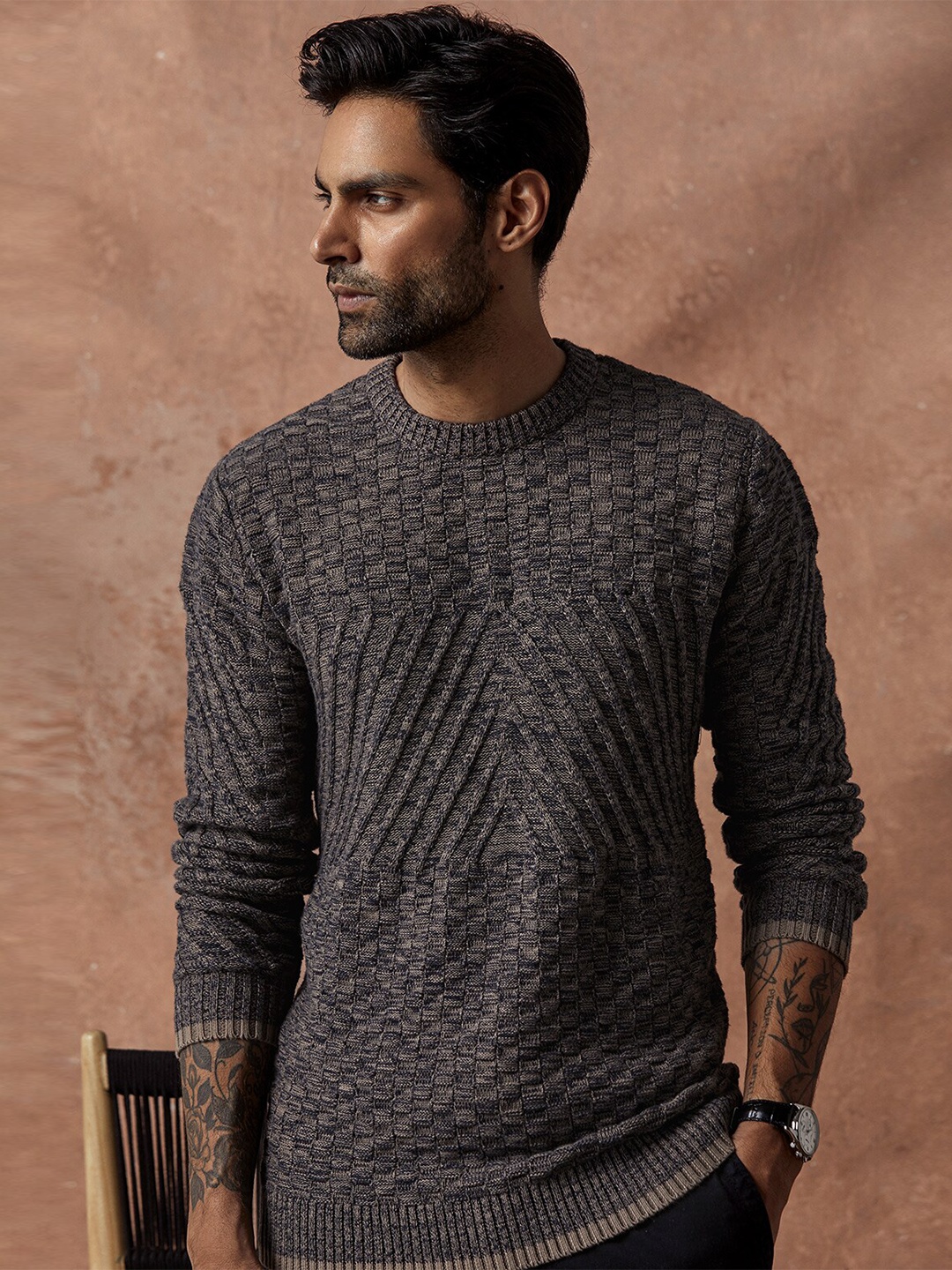 

Andamen Cable Knit Self Design Round Neck Cotton Pullover Sweater, Brown