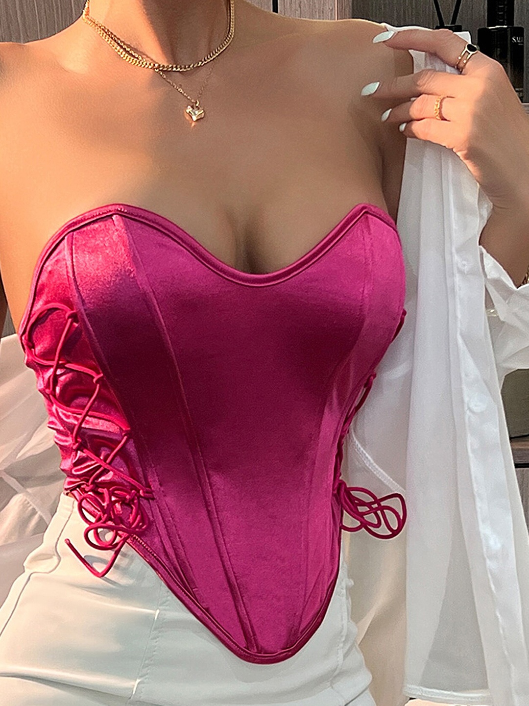 

LULU & SKY Strapless Tie-Ups Fitted Top, Pink