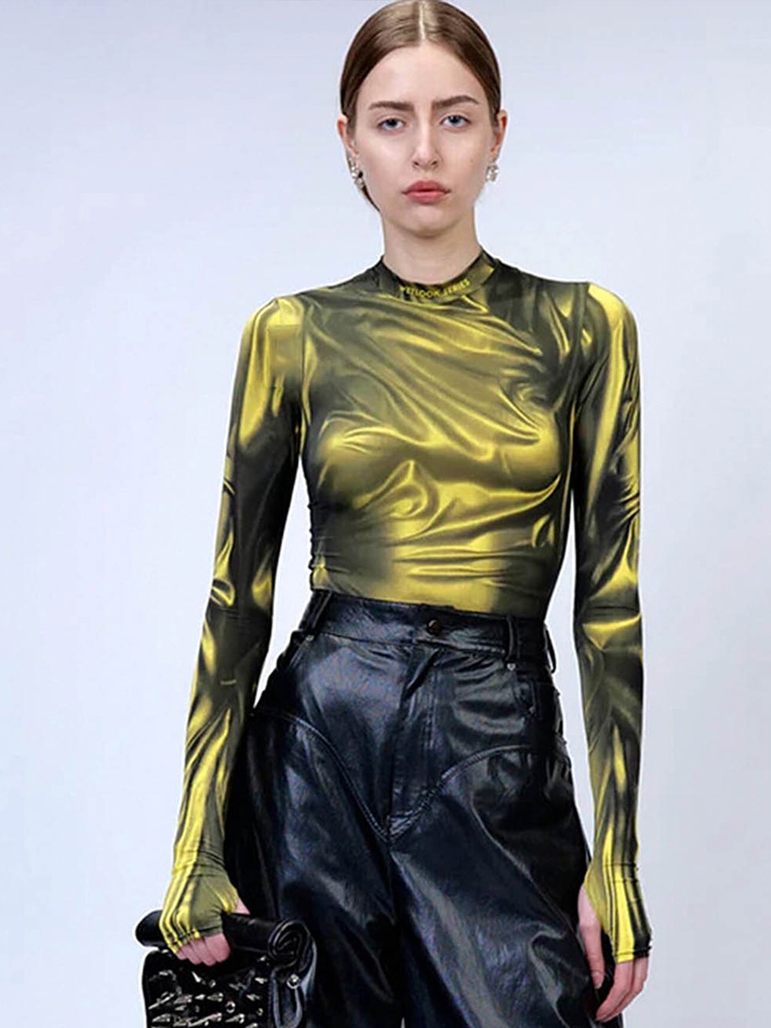 

LULU & SKY Abstract Printed High Neck Long Sleeves Fitted Top, Yellow