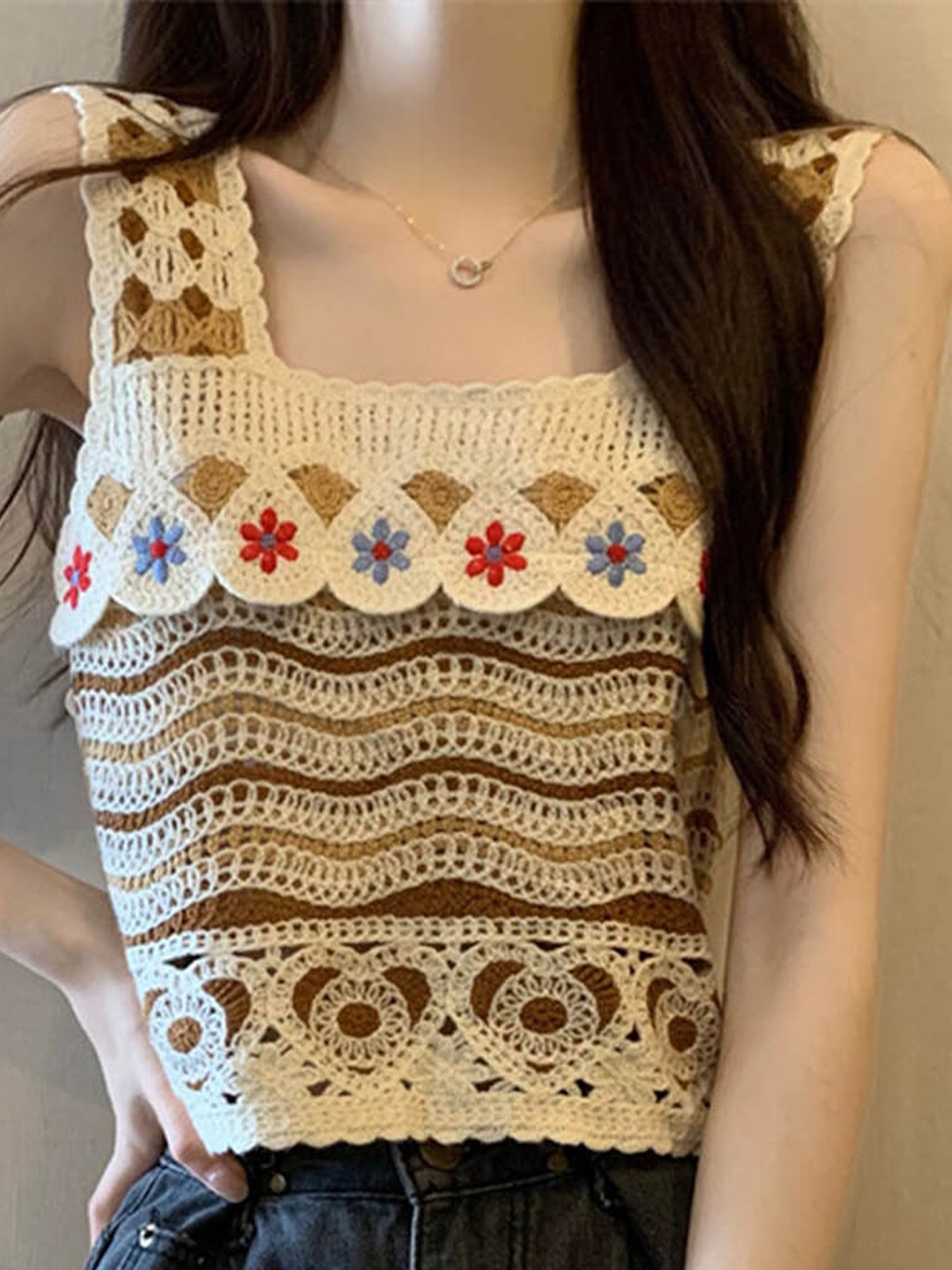 

LULU & SKY Square Neck Self Design Crochet Top, Brown