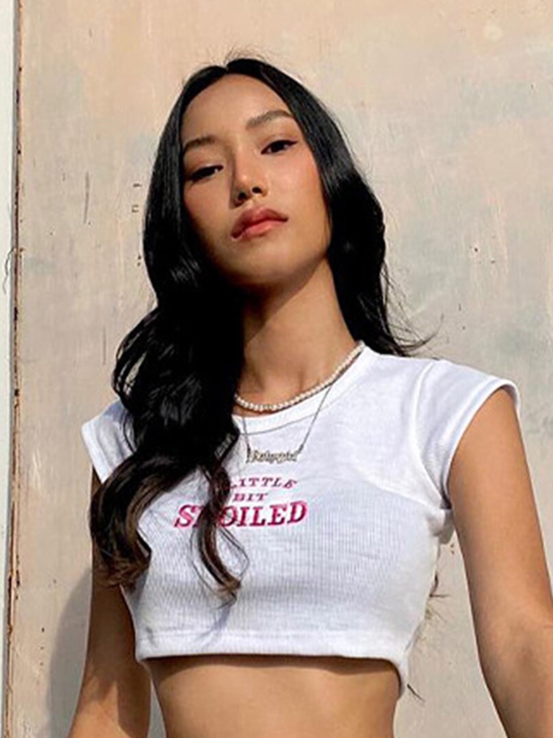 

LULU & SKY Typography Printed Round Neck Crop Top, White
