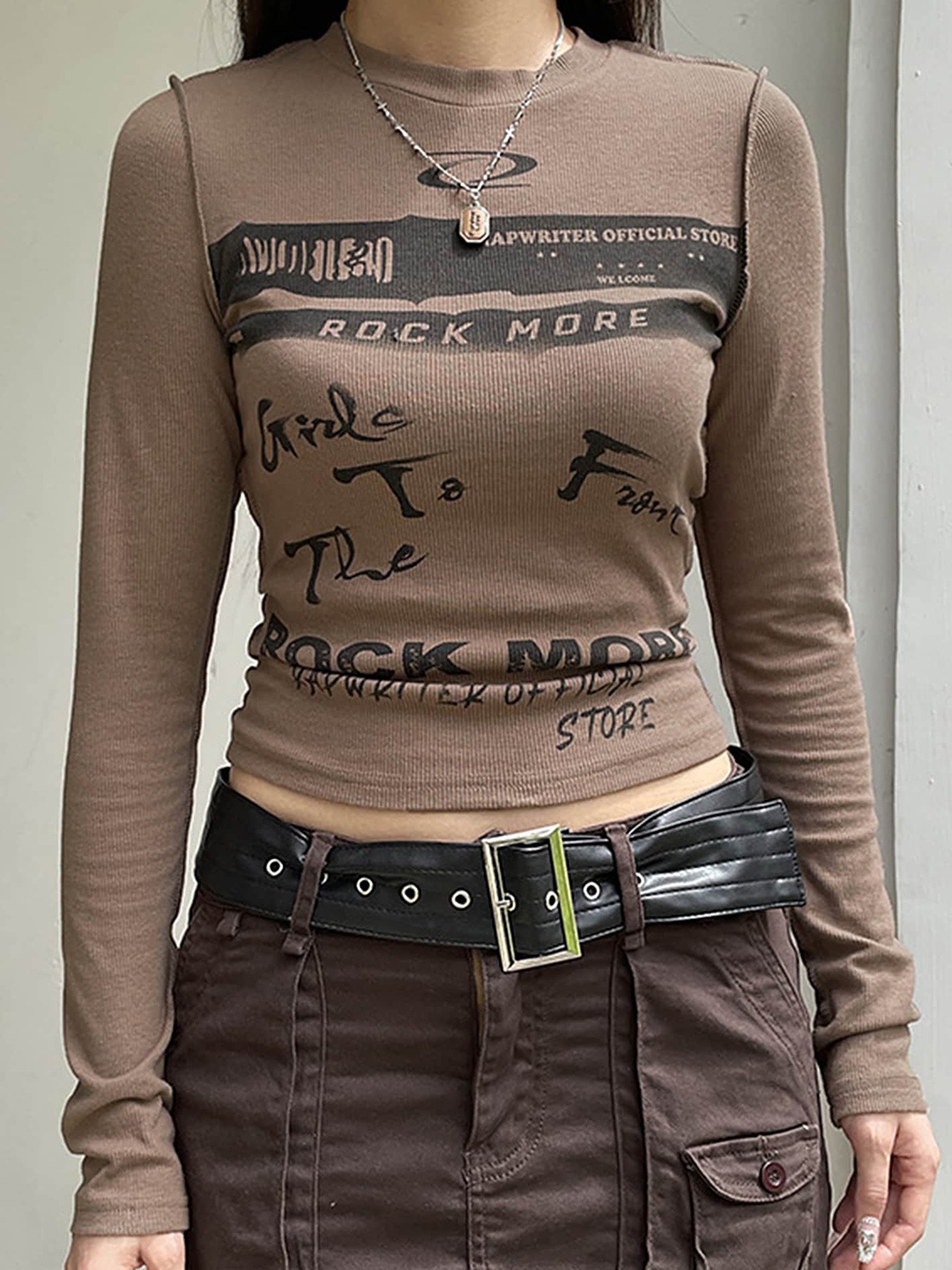 

LULU & SKY Typography Printed High Neck Crop T-shirt, Brown