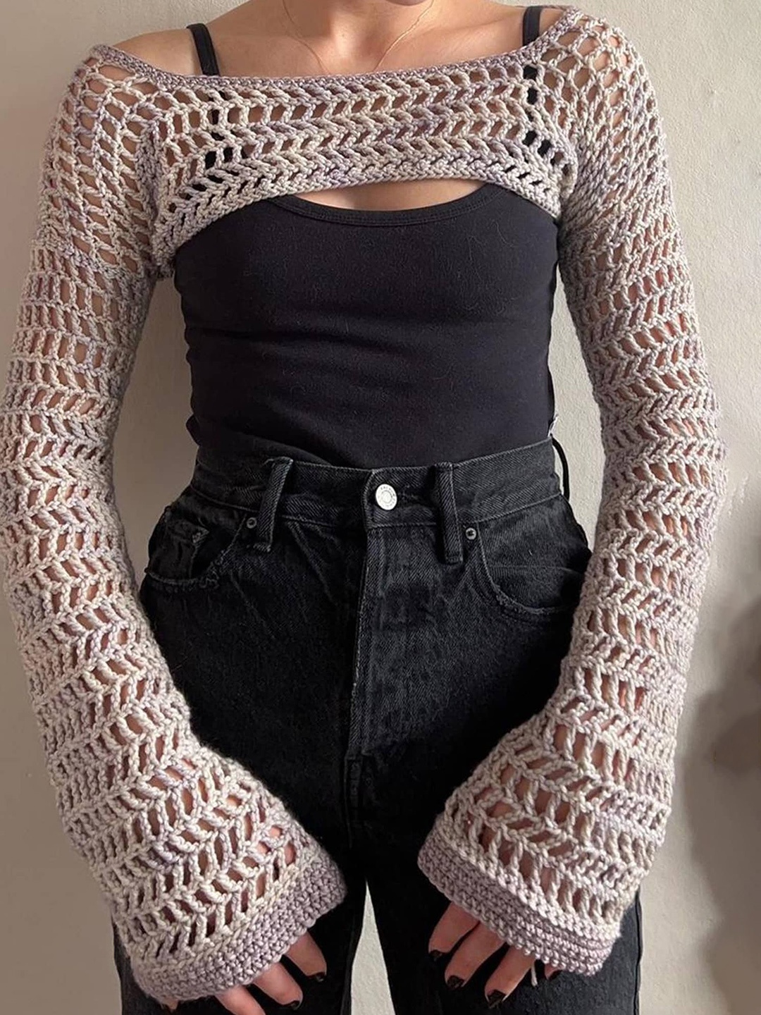 

LULU & SKY Long Sleeves Boat Neck Cropped Acrylic Crochet Top, Grey