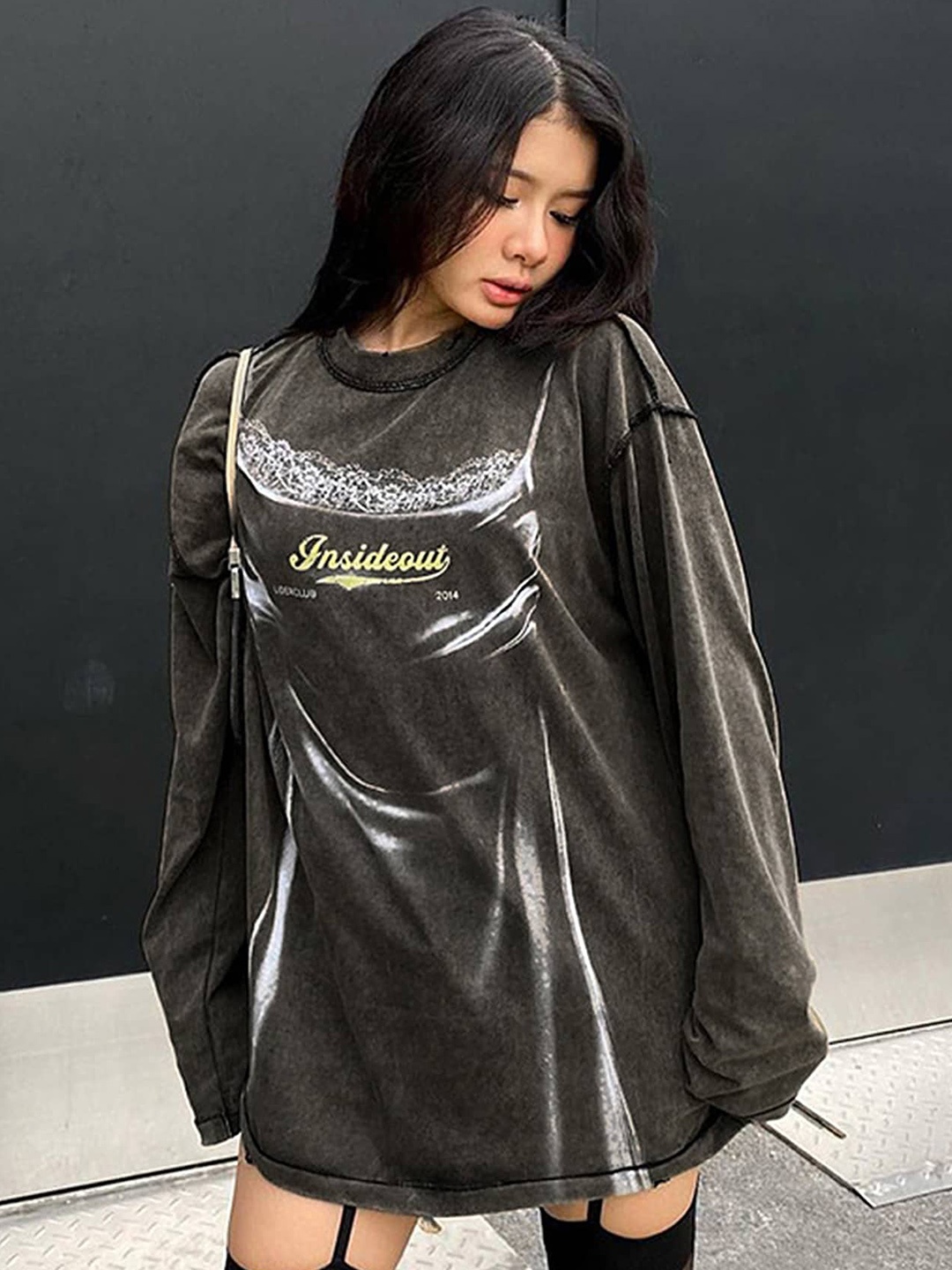 

LULU & SKY Typography Printed Long Drop Shoulder Sleeves Oversized T-shirt, Black