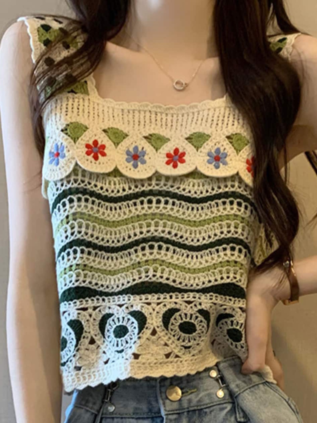 

LULU & SKY Floral Self Design Square Neck Crop Crochet Top, Cream