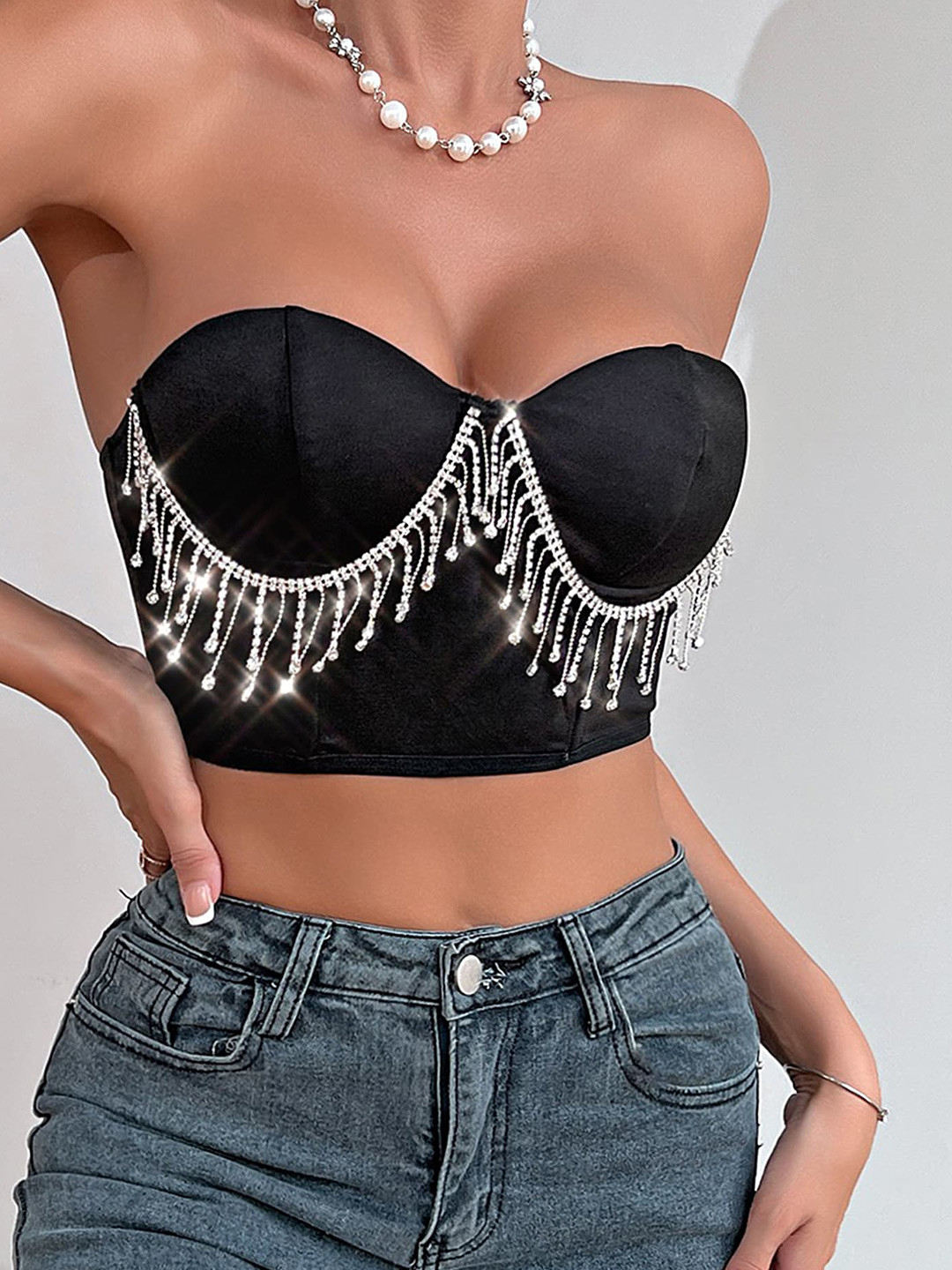 

LULU & SKY Embellished Strapless Tube Crop Top, Black