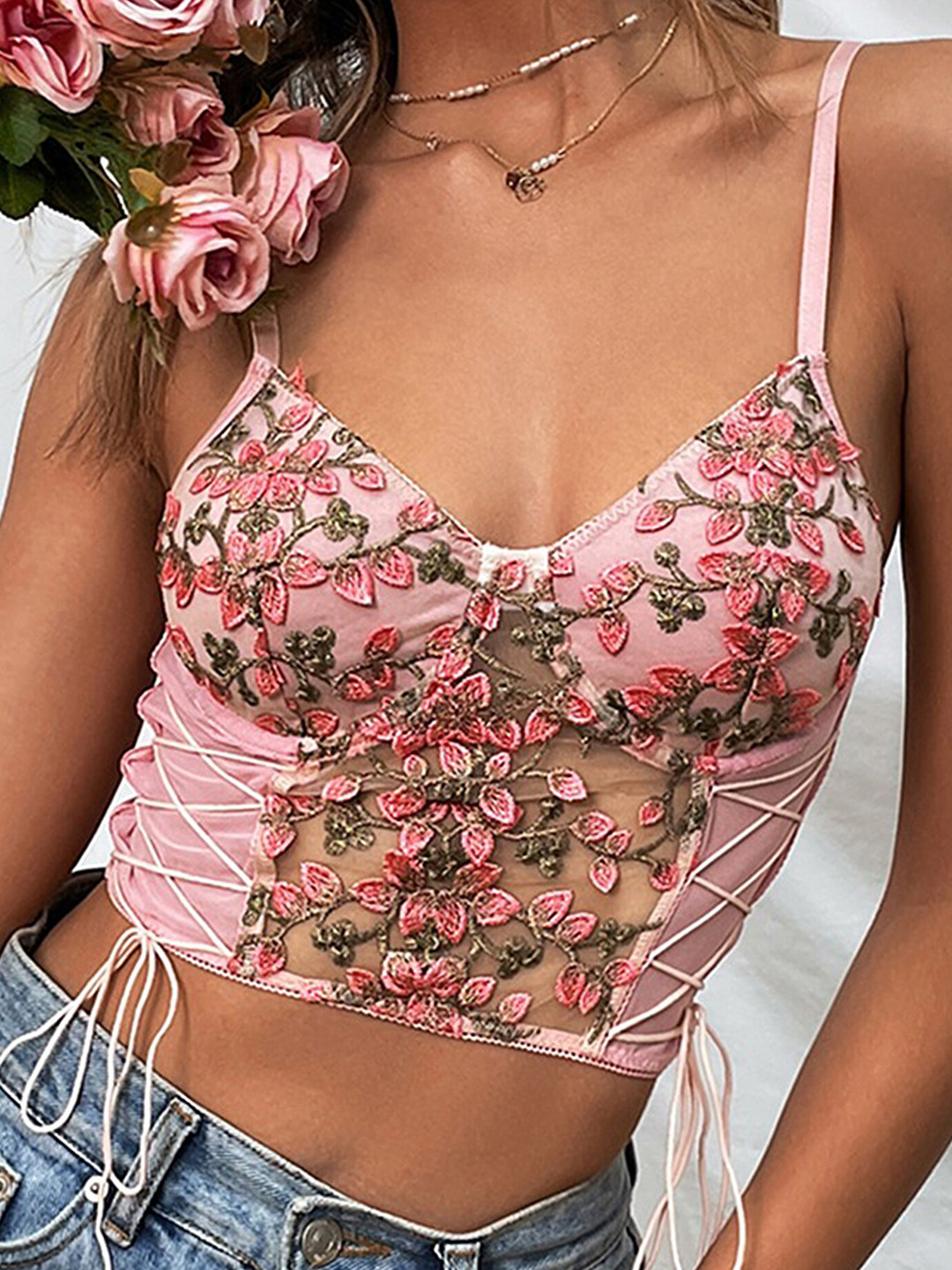 

LULU & SKY Pink Floral Embroidered Shoulder Strap Lace Crop Top