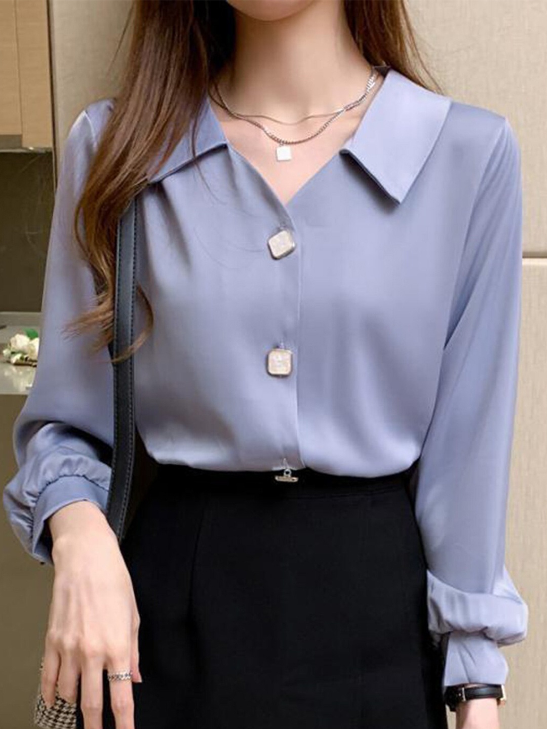 

LULU & SKY Shirt Collar Cuffed Sleeves Shirt Style Top, Blue