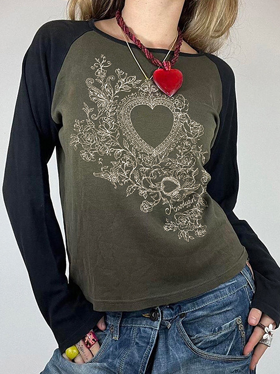 

LULU & SKY Floral Printed Boat Neck Raglan Sleeves Regular Top, Green