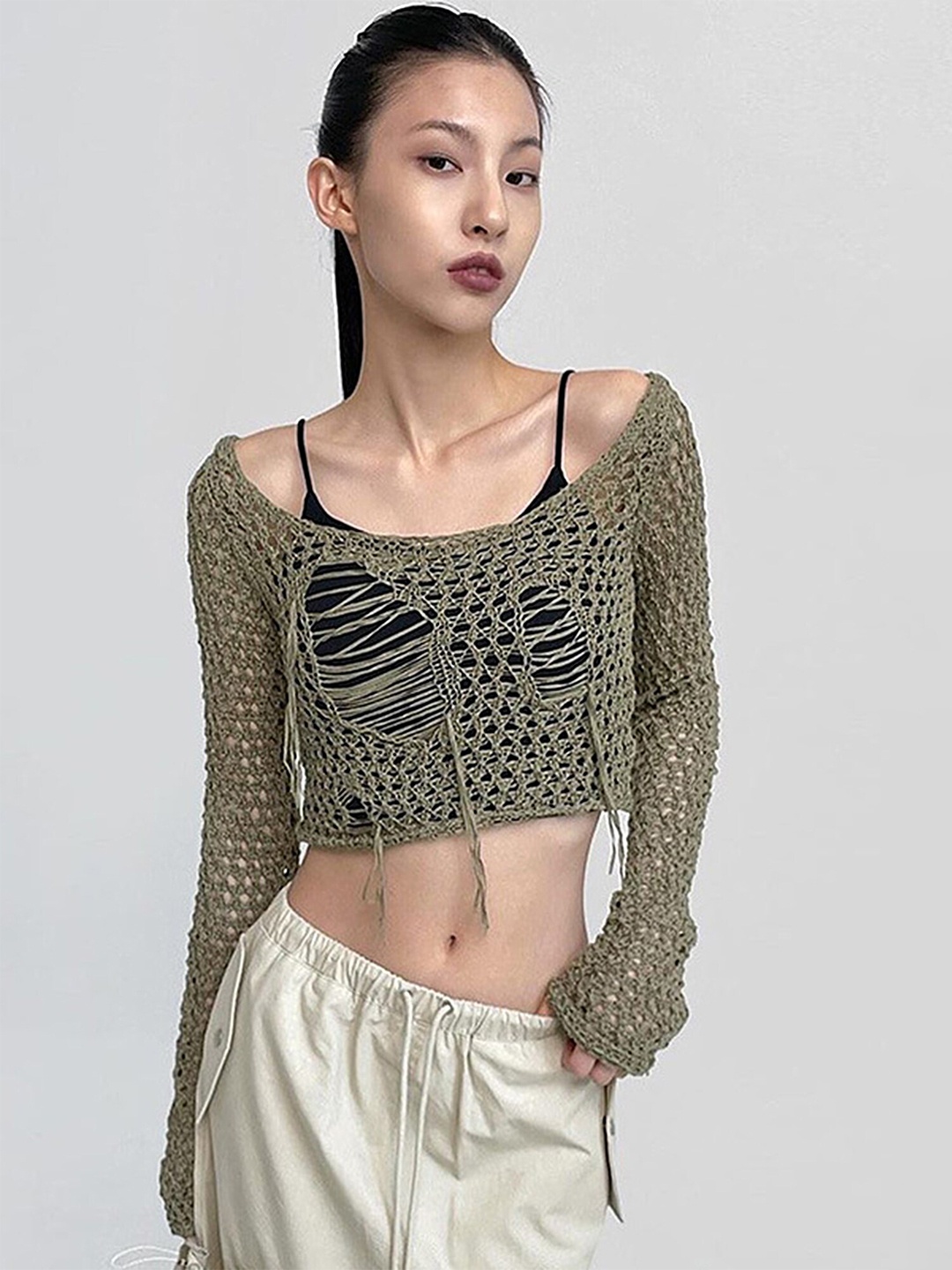 

LULU & SKY Self Design Acrylic Crochet Crop Top, Green