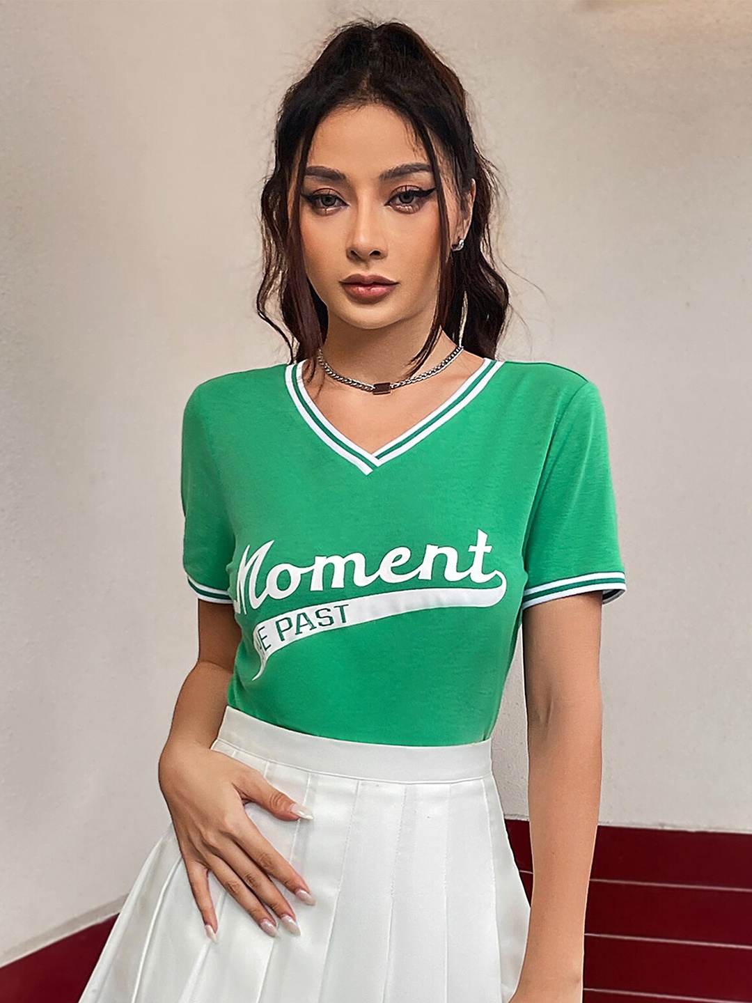

LULU & SKY Typography Printed V-Neck T-shirt, Green