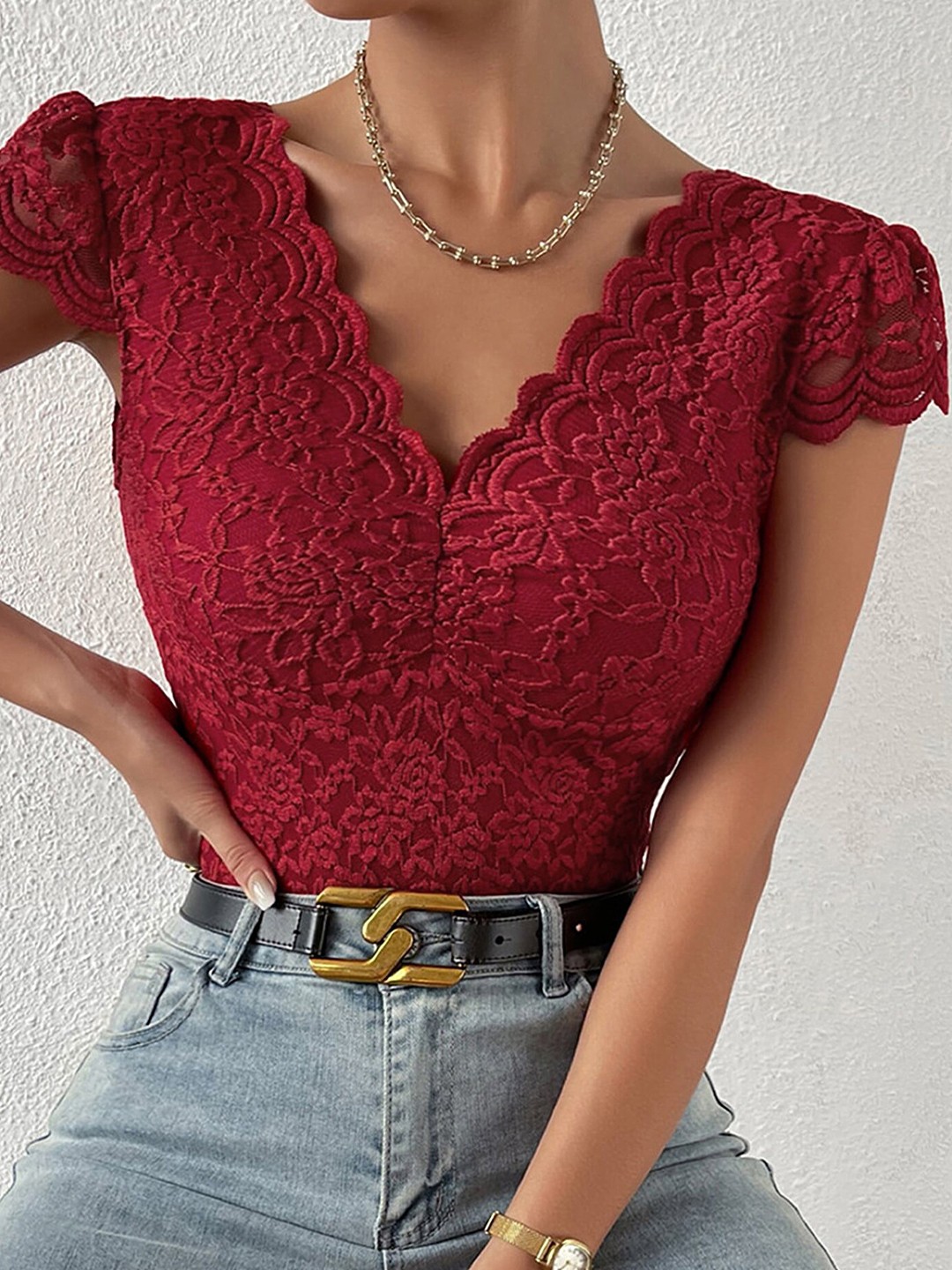 

LULU & SKY Self Design Puff Sleeves Top, Red