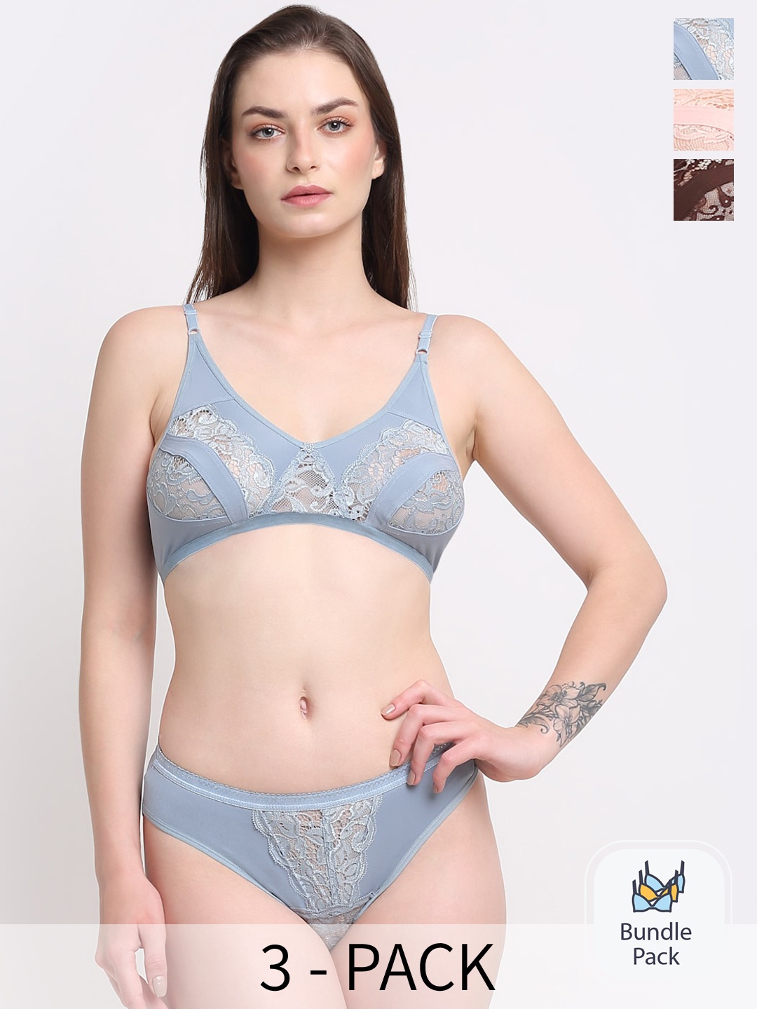 

Ennoble Pack Of 3 Laced Lingerie Set, Blue