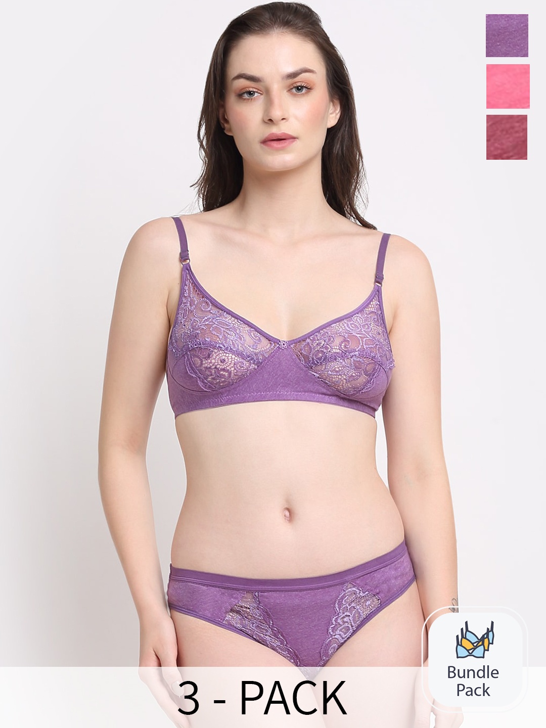 

Ennoble Pack Of 3 Laced Lingerie Set, Purple
