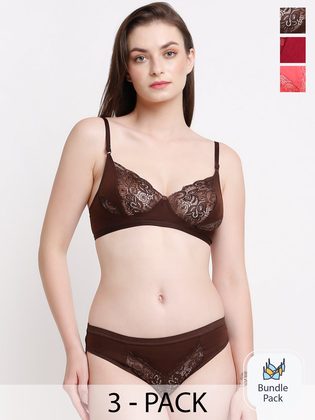 

Ennoble Pack Of 3 Laced Lingerie Set, Pink