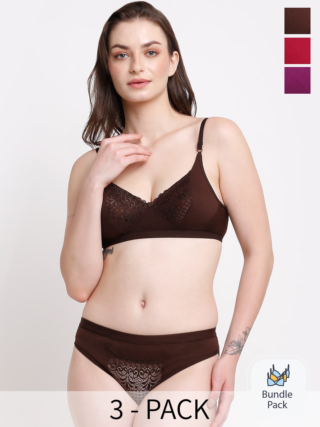 

Ennoble Pack Of 3 Laced Lingerie Set, Brown