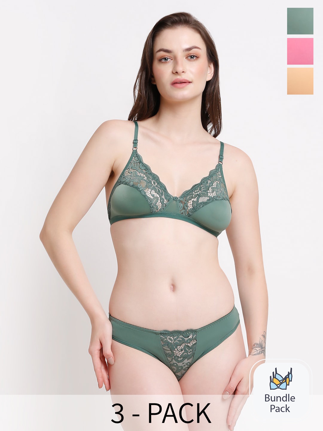 

Ennoble Pack Of 3 Laced Lingerie Set, Green