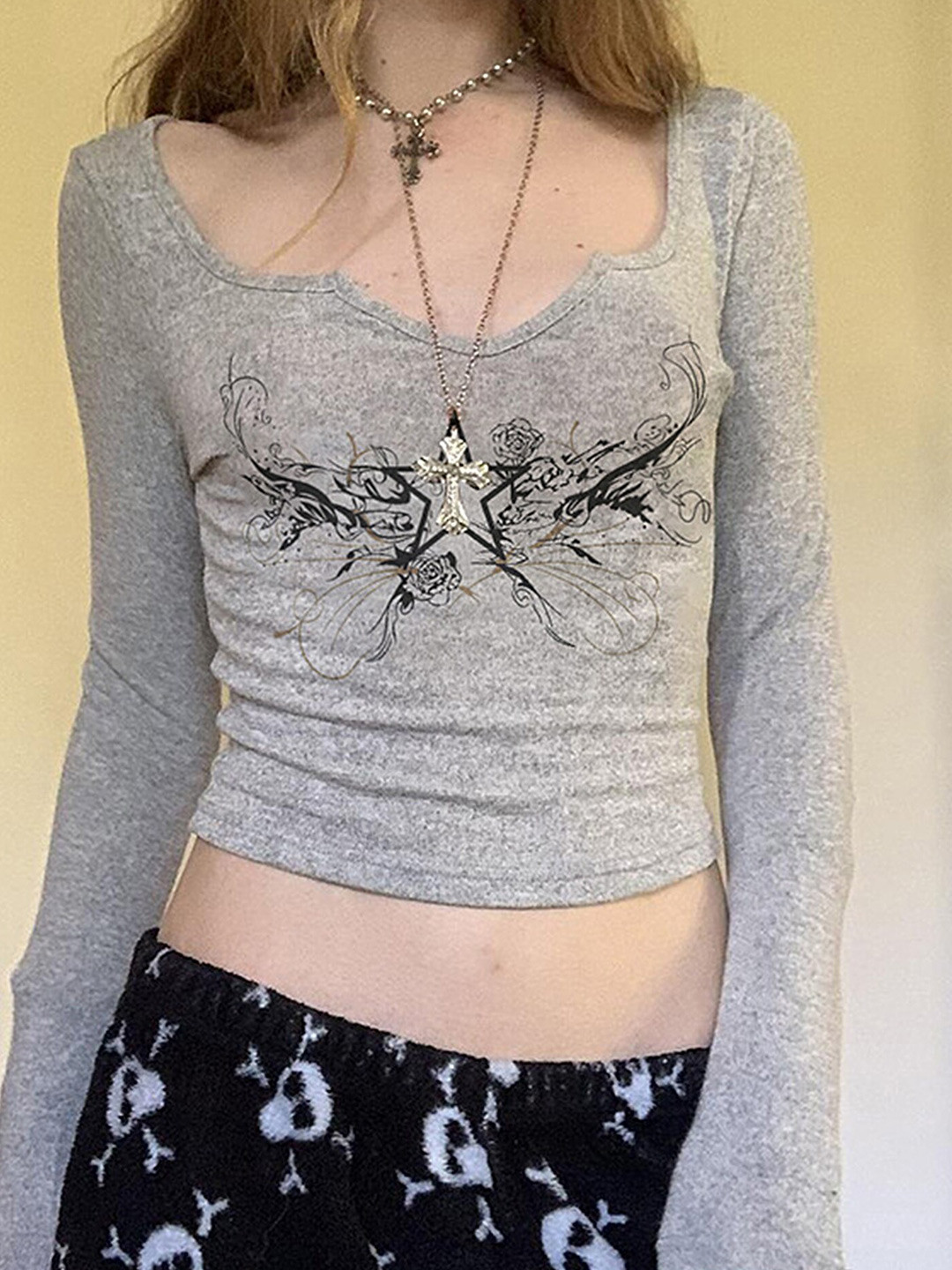 

LULU & SKY Graphic Printed Round Neck Long Sleeve Crop Top, Grey