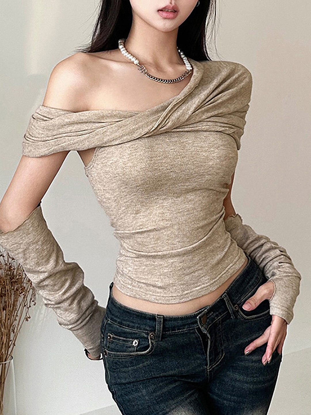 

LULU & SKY Off Shoulder Cowl Detail Top, Brown