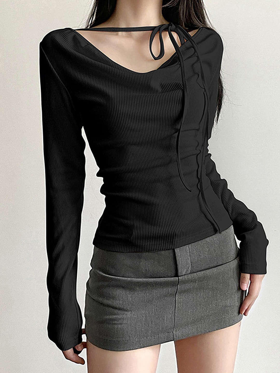 

LULU & SKY Self Design Cowl Neck Long Sleeves Tie-up Fitted Top, Black