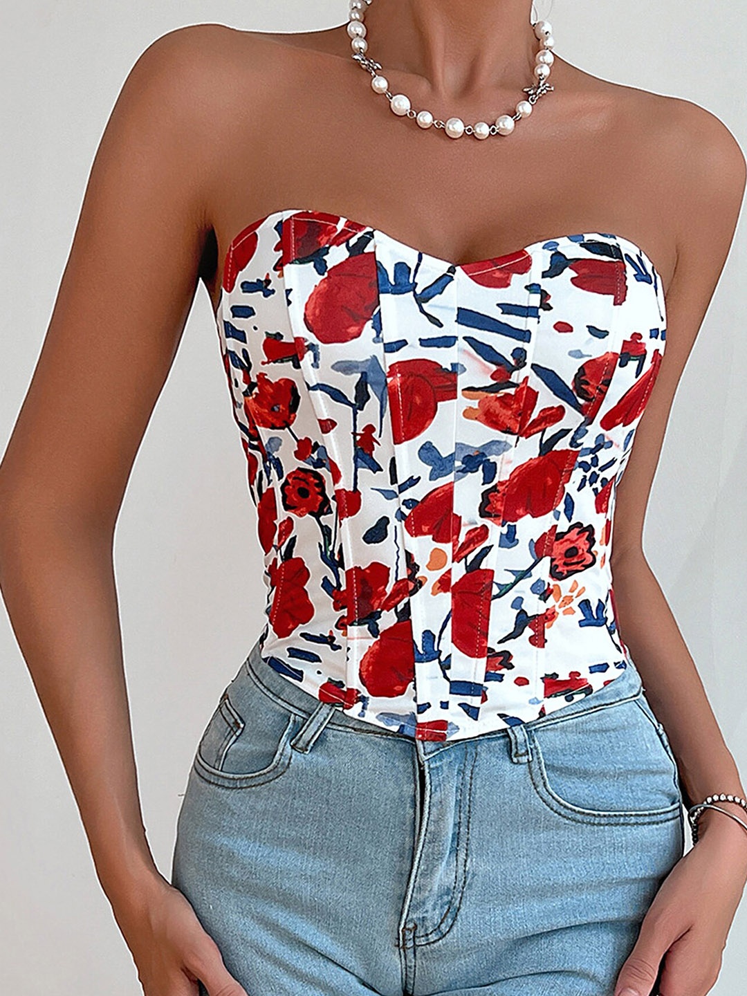 

LULU & SKY Floral Printed Strapless Corset Top, Red