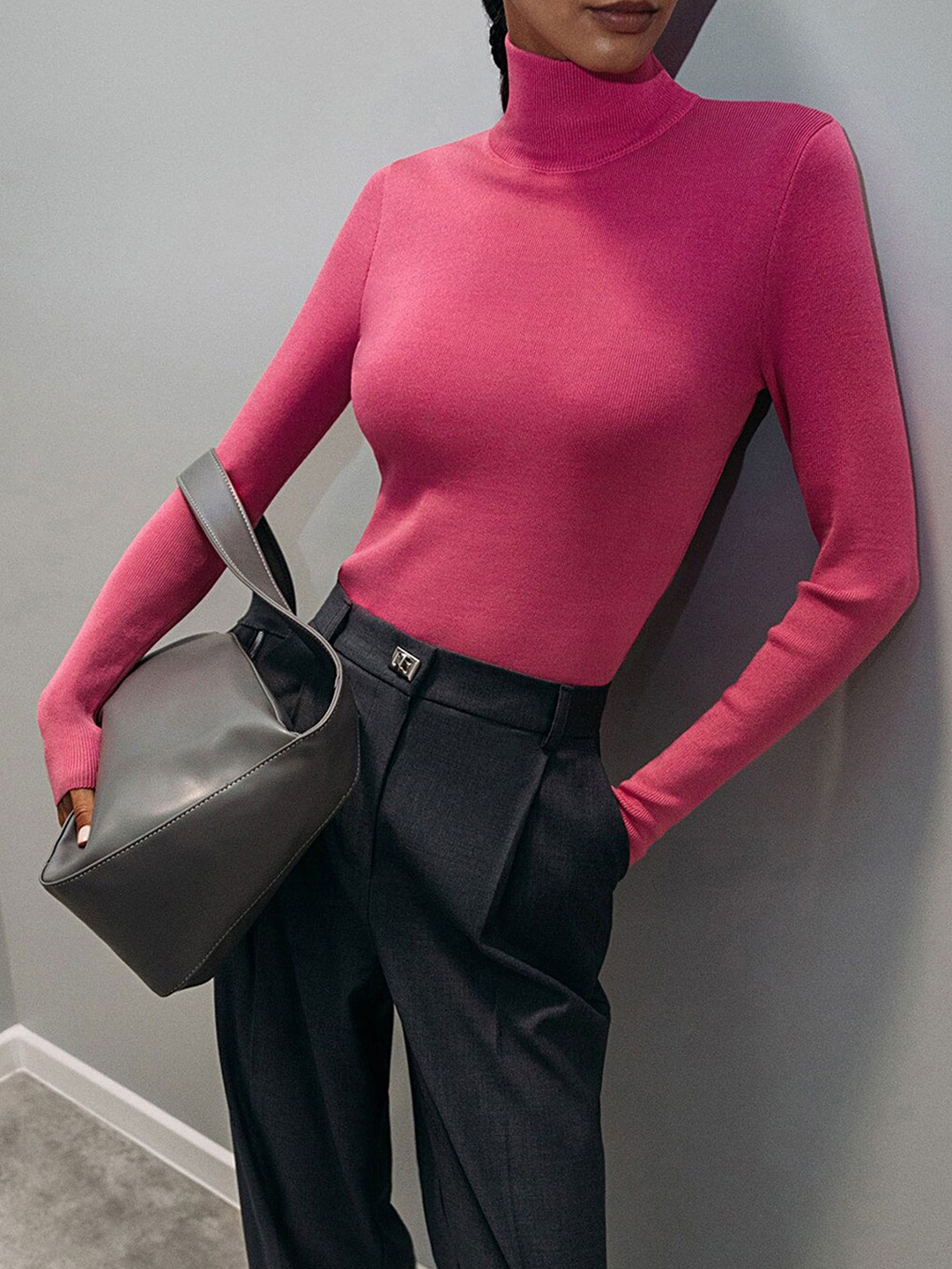 

LULU & SKY Knitted High Neck Long Sleeves Fitted Top, Pink