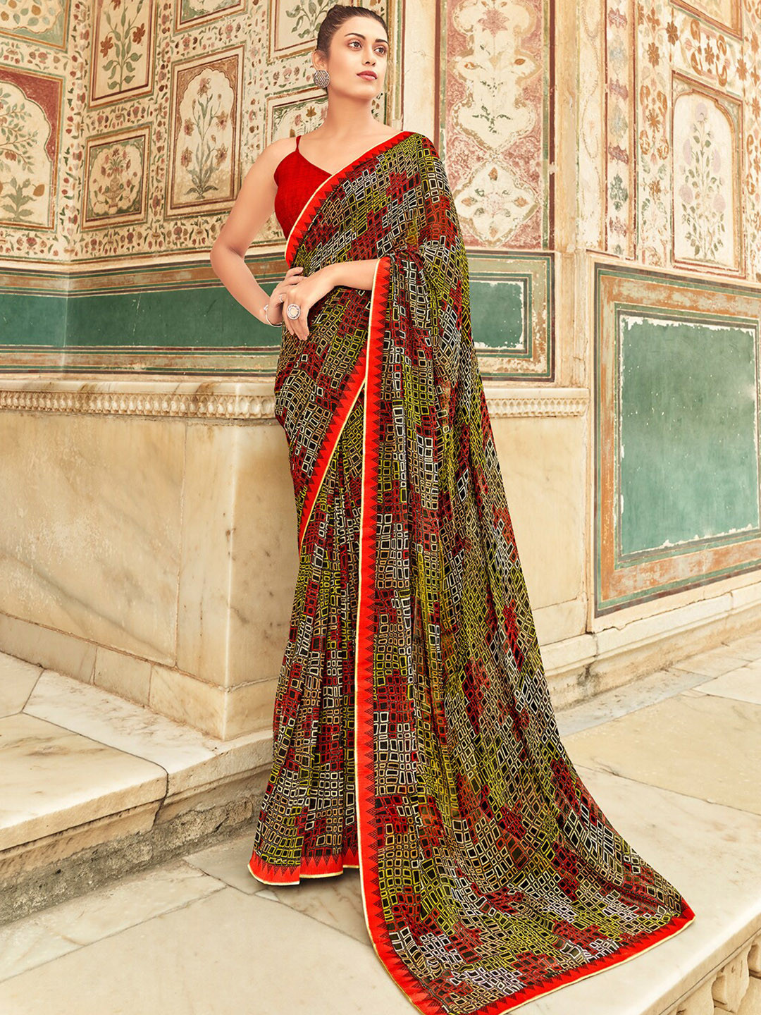 

SANSKAR Geometric Printed Georgette Saree, Green
