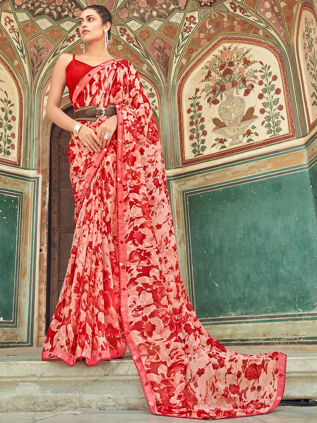 

SANSKAR Abstract Printed Georgette Saree, Red