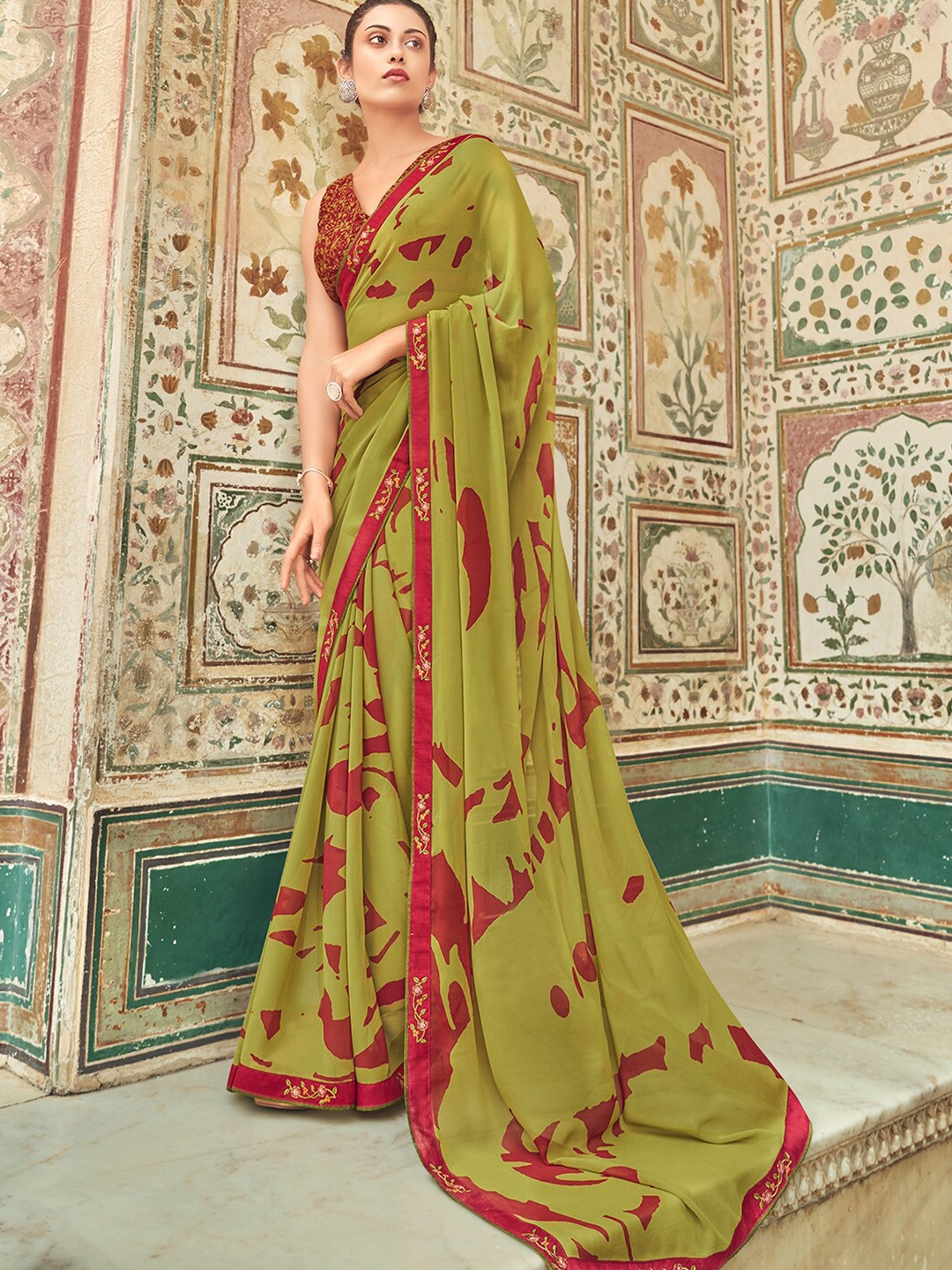 

SANSKAR Abstract Printed Georgette Saree, Green