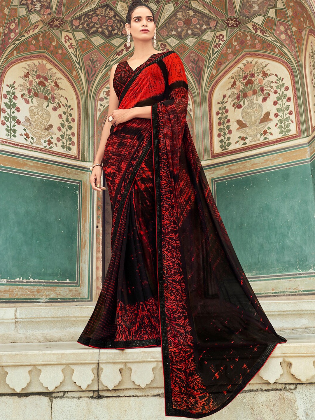 

SANSKAR Abstract Printed Georgette Saree, Red