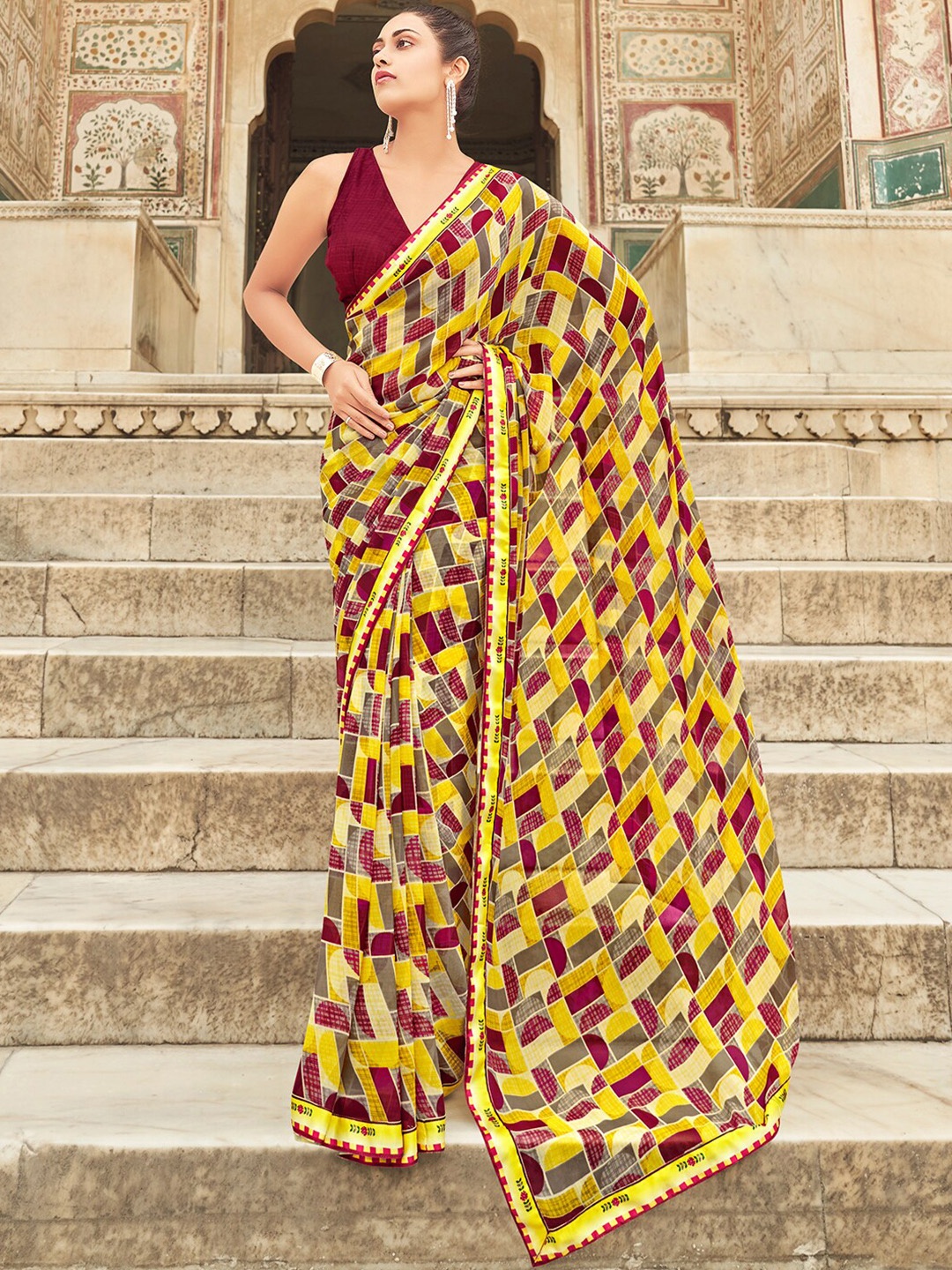 

SANSKAR Abstract Printed Georgette Saree, Yellow