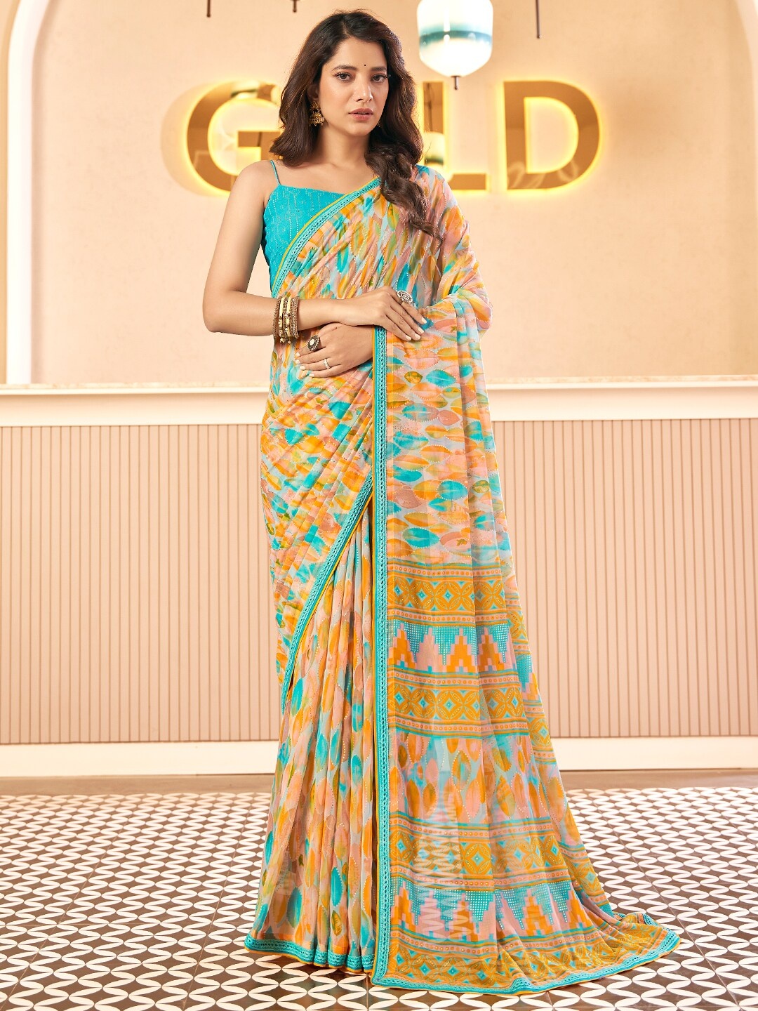 

SANSKAR Abstract Printed Georgette Saree, Turquoise blue