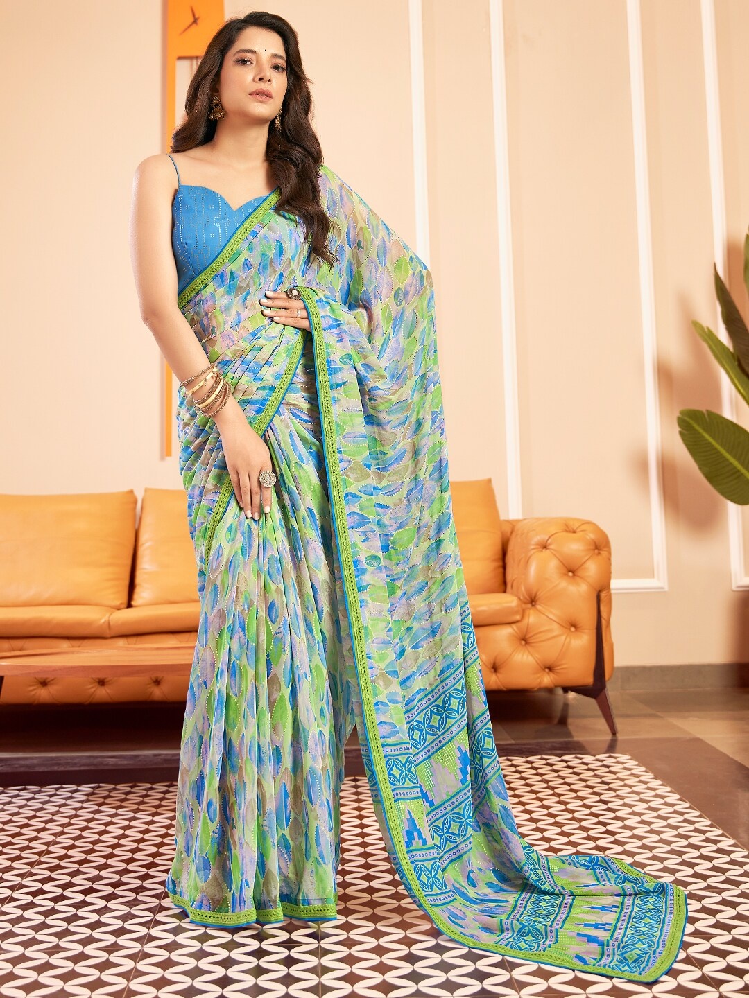 

SANSKAR Abstract Foil Printed Sequinned Georgette Saree, Green