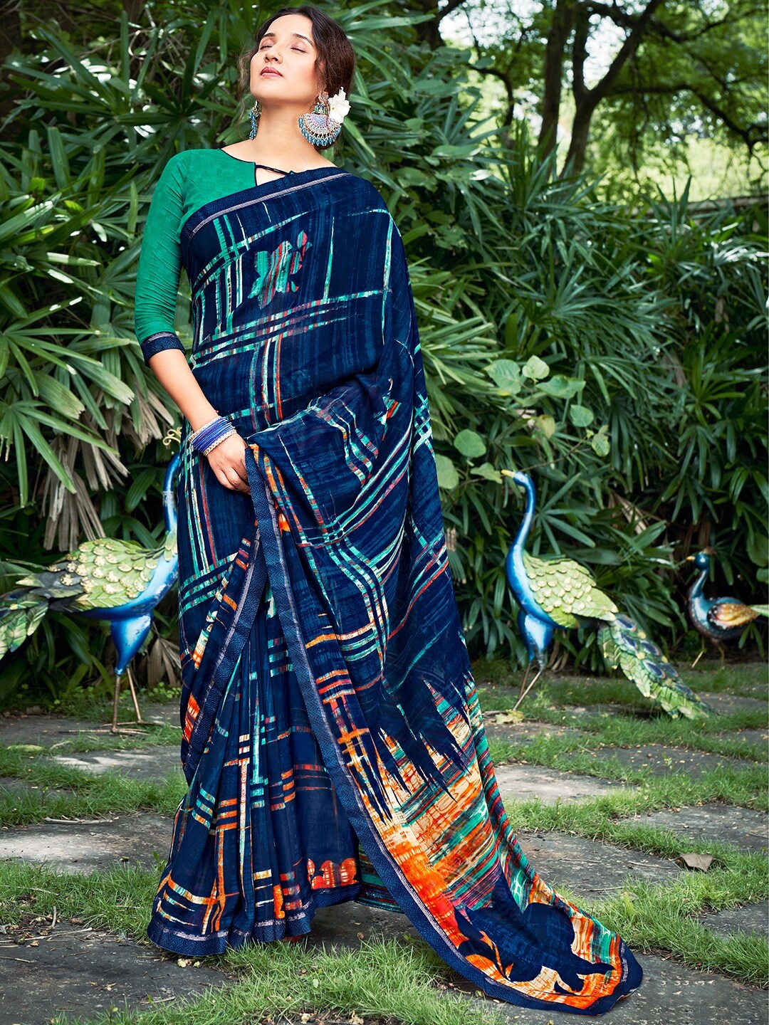 

SANSKAR Printed Georgette Saree, Blue