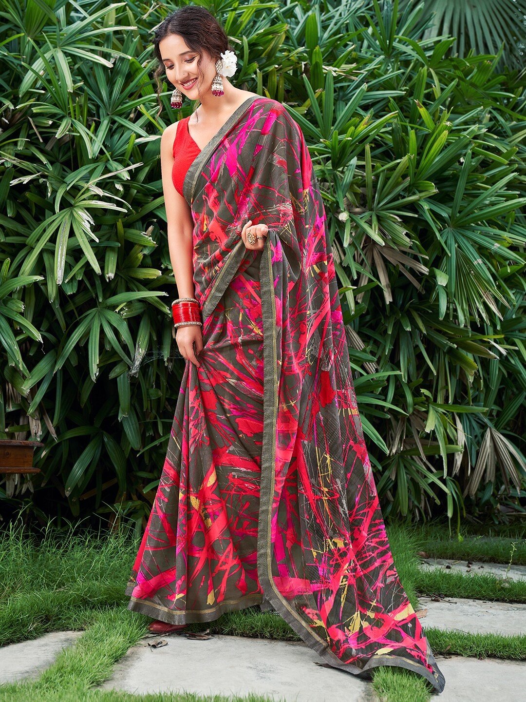 

SANSKAR Zari Abstract Printed Georgette Saree, Grey