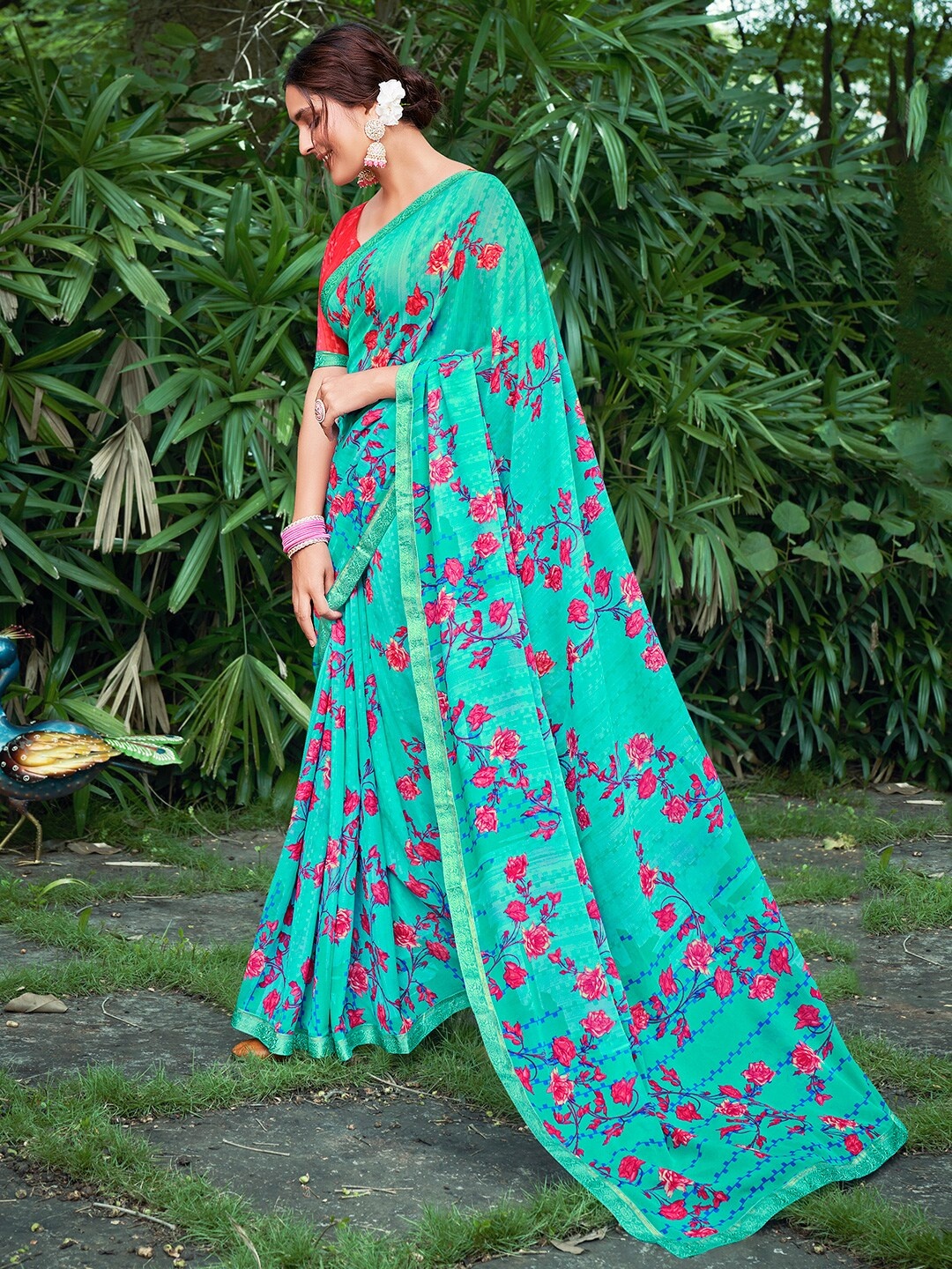 

SANSKAR Floral Printed Zari Georgette Saree, Turquoise blue