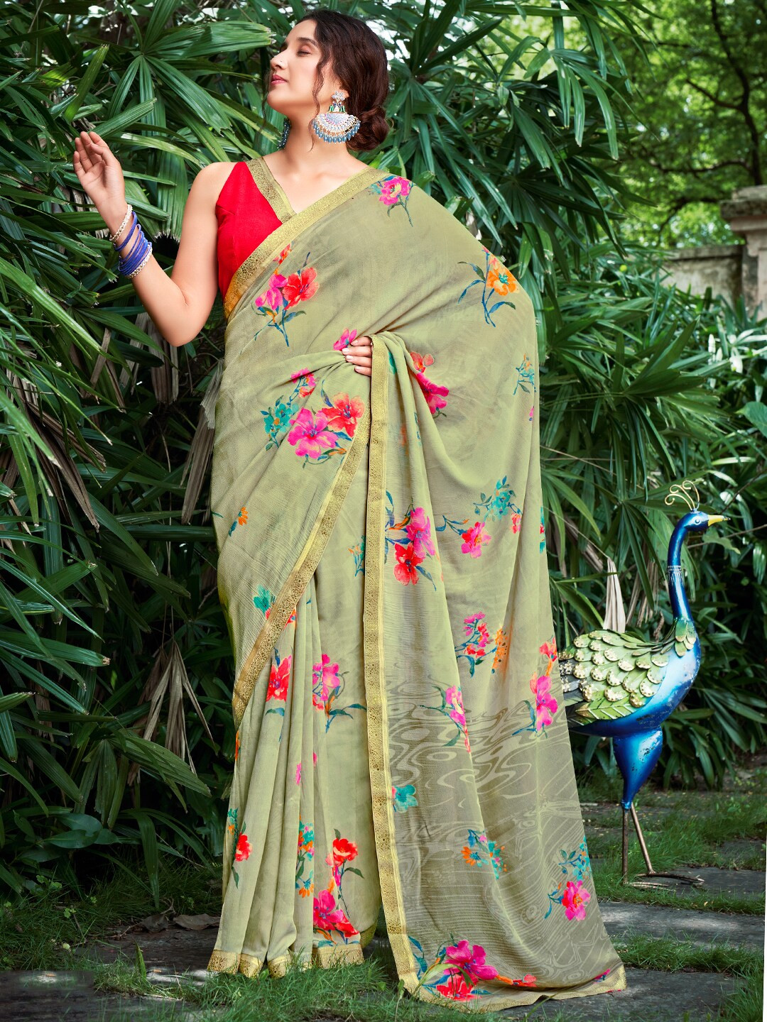 

SANSKAR Floral Printed Zari Saree, Olive