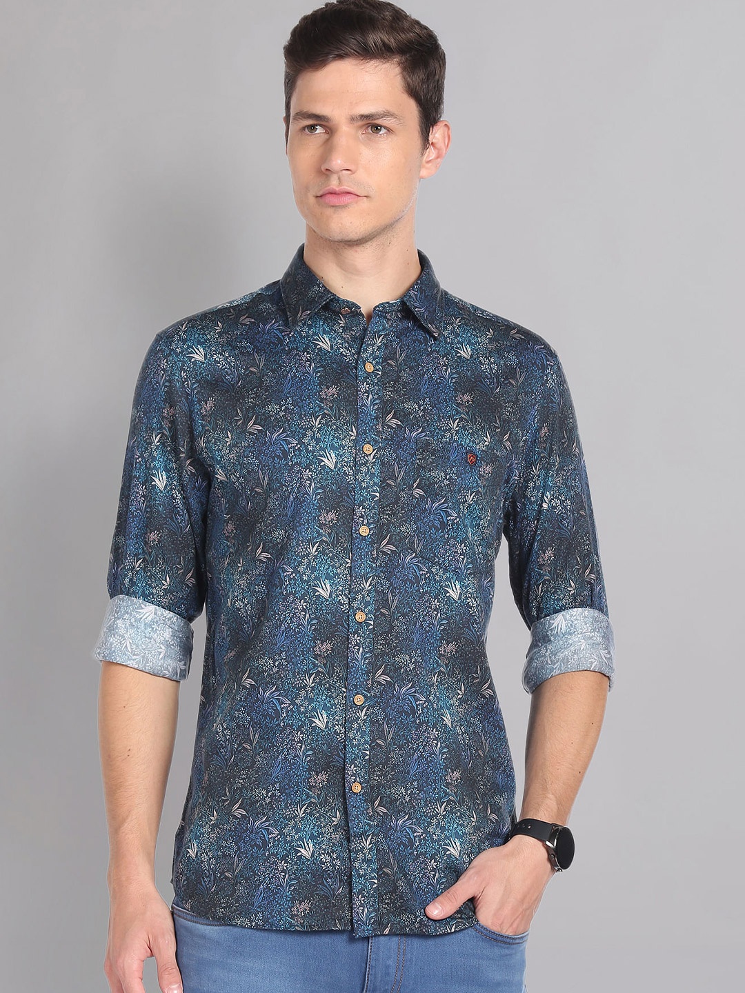 

AD By Arvind Slim Fit Floral Printed Twill Pure Cotton Casual Shirt, Blue