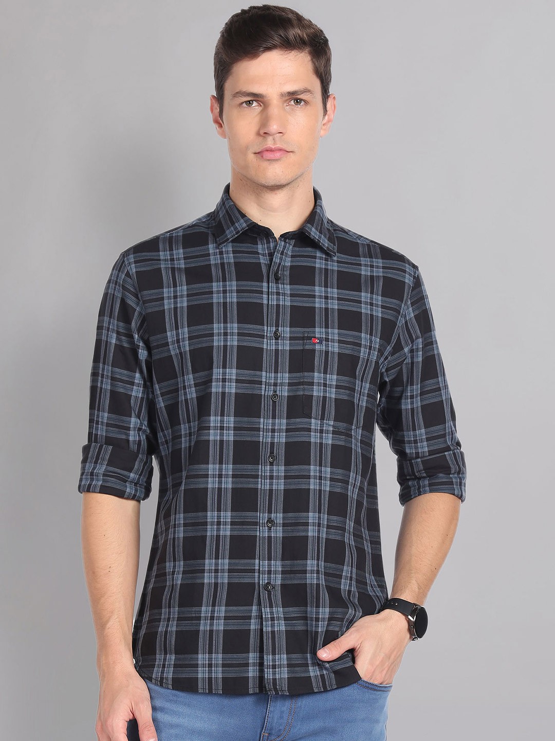 

AD By Arvind Tartan Checks Slim Fit Pure Cotton Twill Casual Shirt, Black