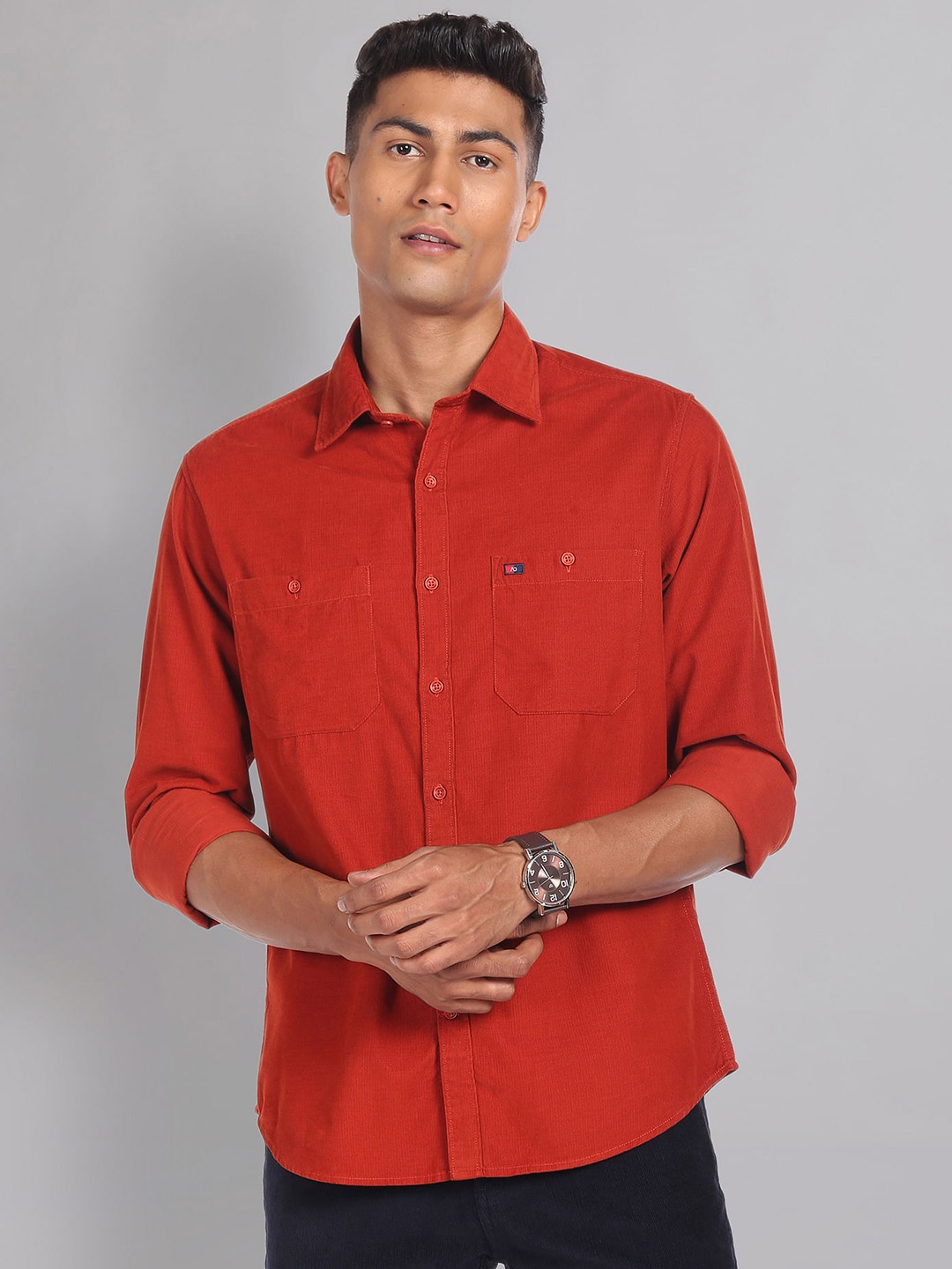 

AD By Arvind Slim Fit Corduroy Spread Collar Long Sleeves Cotton Casual Shirt, Rust