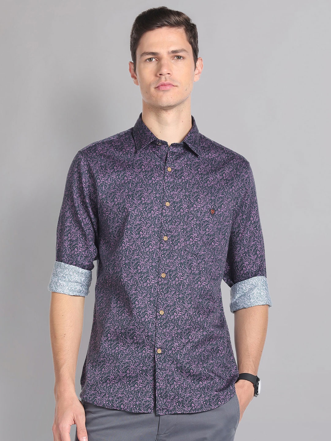 

AD By Arvind Tropical Printed Slim Fit Twill Cotton Casual Shirt, Purple