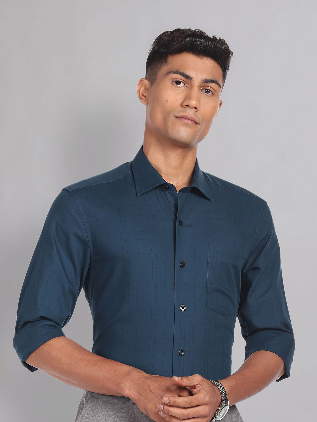 

AD By Arvind Slim Fit Checked Twill Pure Cotton Formal Shirt, Teal