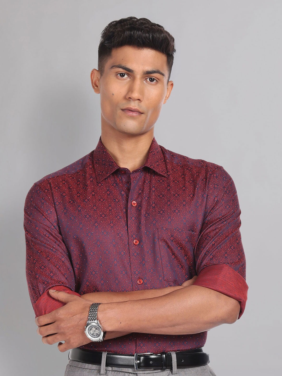 

AD By Arvind Ethnic Motifs Printed Slim Fit Dobby Formal Shirt, Maroon