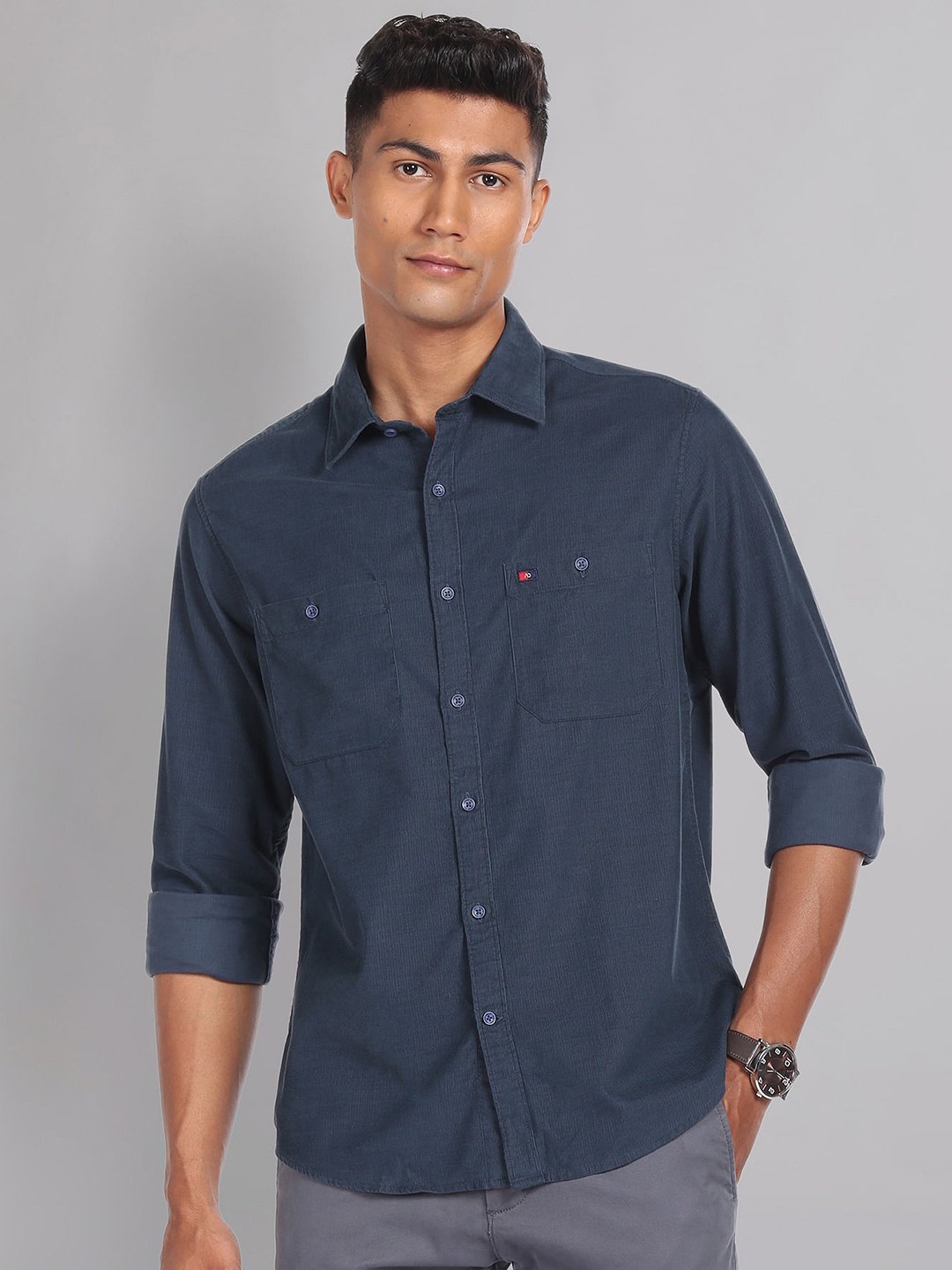 

AD By Arvind Slim Fit Corduroy Spread Collar Long Sleeves Cotton Casual Shirt, Navy blue